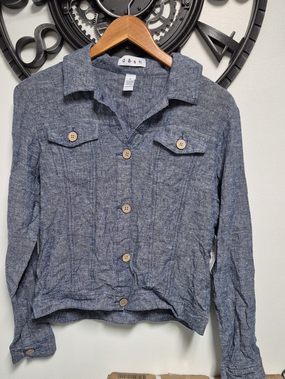 NWT DASH Vintage Chambray Linen Button-Front Lightweight Jacket Blue -small